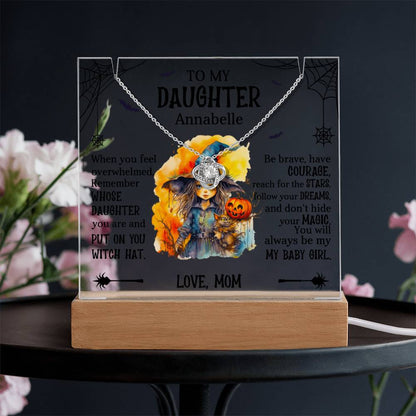 Daughter Halloween Little Witch Personalized Inspirational Acrylic Keepsake Plaque and Necklace