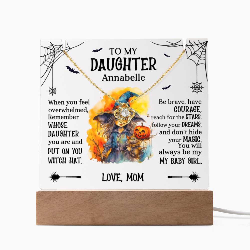 Daughter Halloween Little Witch Personalized Inspirational Acrylic Keepsake Plaque and Necklace