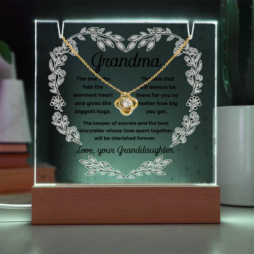 Grandmother - Biggest Hugs, The Keeper of Secrets - Keepsake Acrylic Plaque with Love Knot Necklace