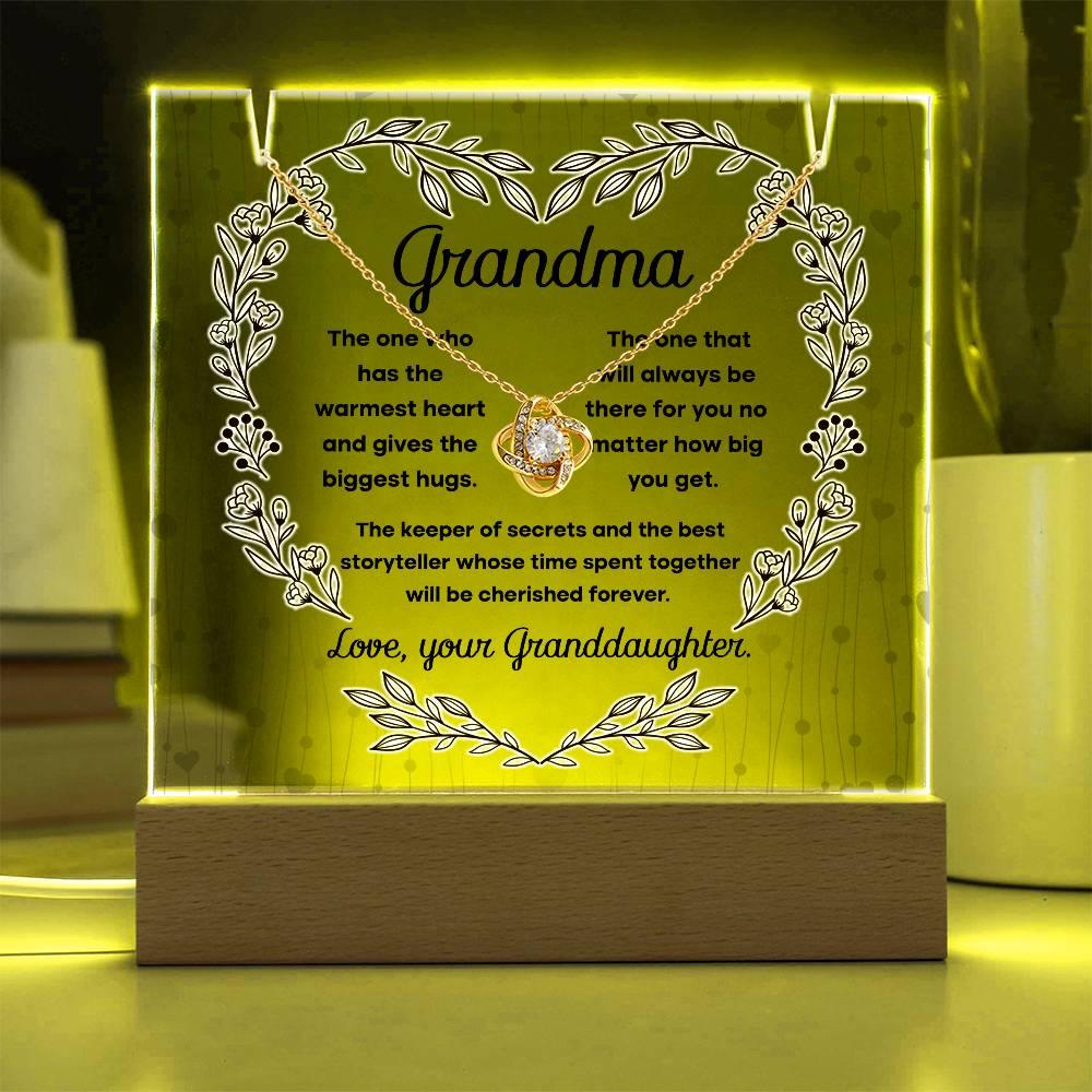 Grandmother - Biggest Hugs, The Keeper of Secrets - Keepsake Acrylic Plaque with Love Knot Necklace