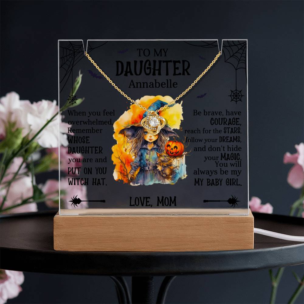 Daughter Halloween Little Witch Personalized Inspirational Acrylic Keepsake Plaque and Necklace