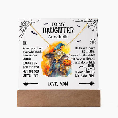 Daughter Halloween Little Witch Personalized Inspirational Acrylic Keepsake Plaque and Necklace