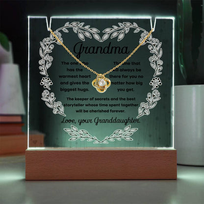 Grandmother - Biggest Hugs, The Keeper of Secrets - Keepsake Acrylic Plaque with Love Knot Necklace