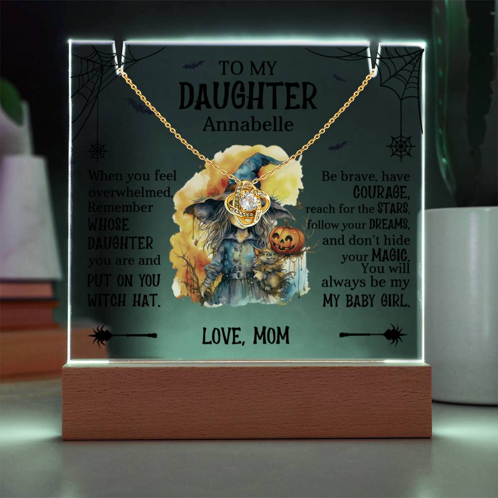 Daughter Halloween Little Witch Personalized Inspirational Acrylic Keepsake Plaque and Necklace