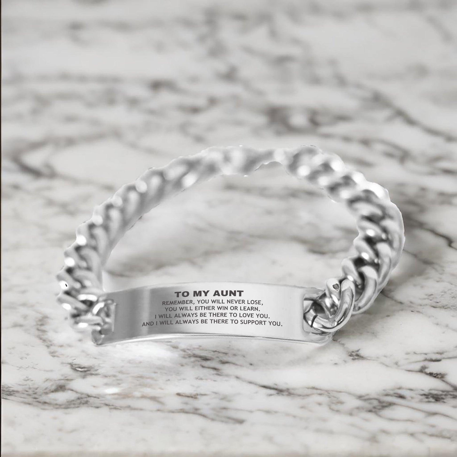 Aunt - Remember, you will never lose. You will either WIN or LEARN, Keepsake Cuban Chain Stainless Steel Engraved Bracelet Birthday, Christmas, Graduation Gifts - Mallard Moon Gift Shop