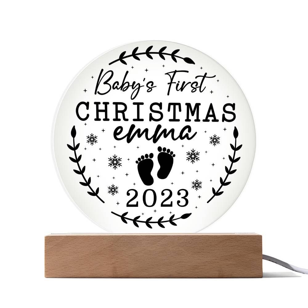 Baby's First Christmas 2023 Personalized Acrylic Plaque with Wood or LED Lighted Base - Mallard Moon Gift Shop