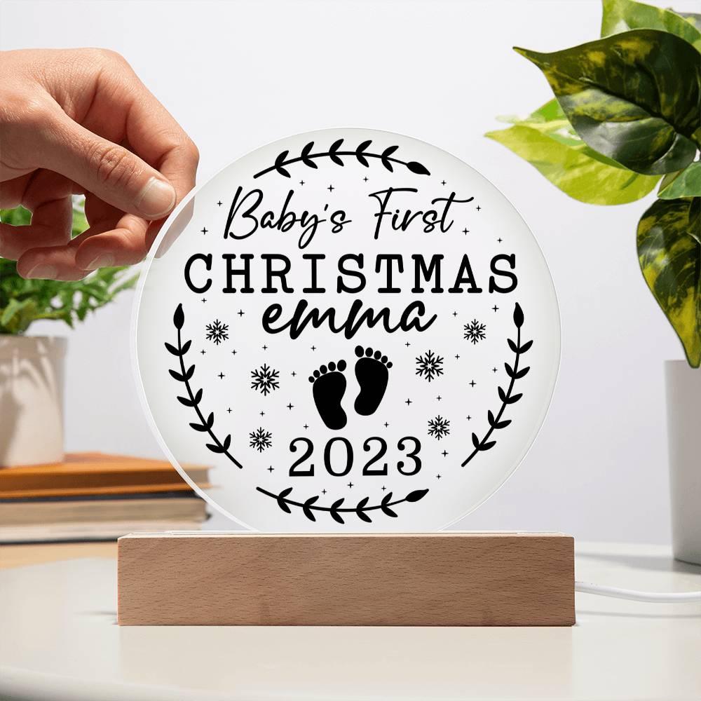 Baby's First Christmas 2023 Personalized Acrylic Plaque with Wood or LED Lighted Base - Mallard Moon Gift Shop