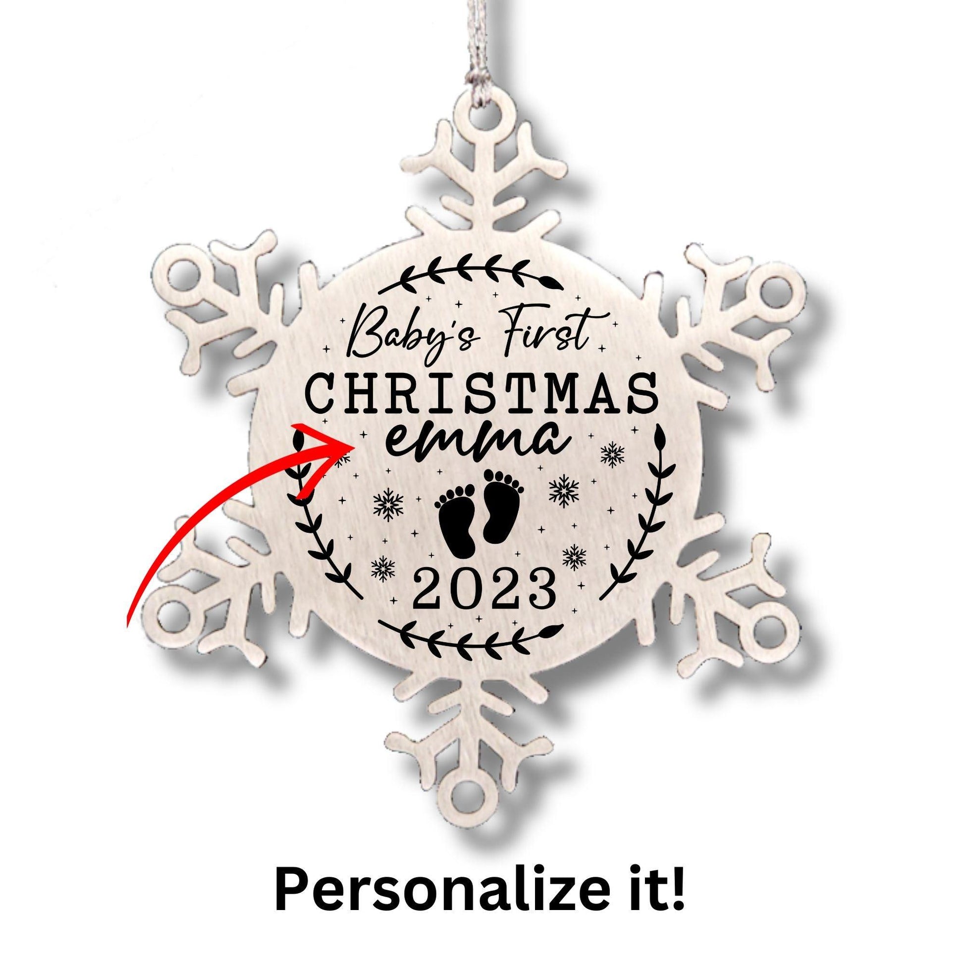 Baby's First Christmas Personalized Laser Engraved Stainless Steel Snowflake Christmas Tree Ornament - Mallard Moon Gift Shop