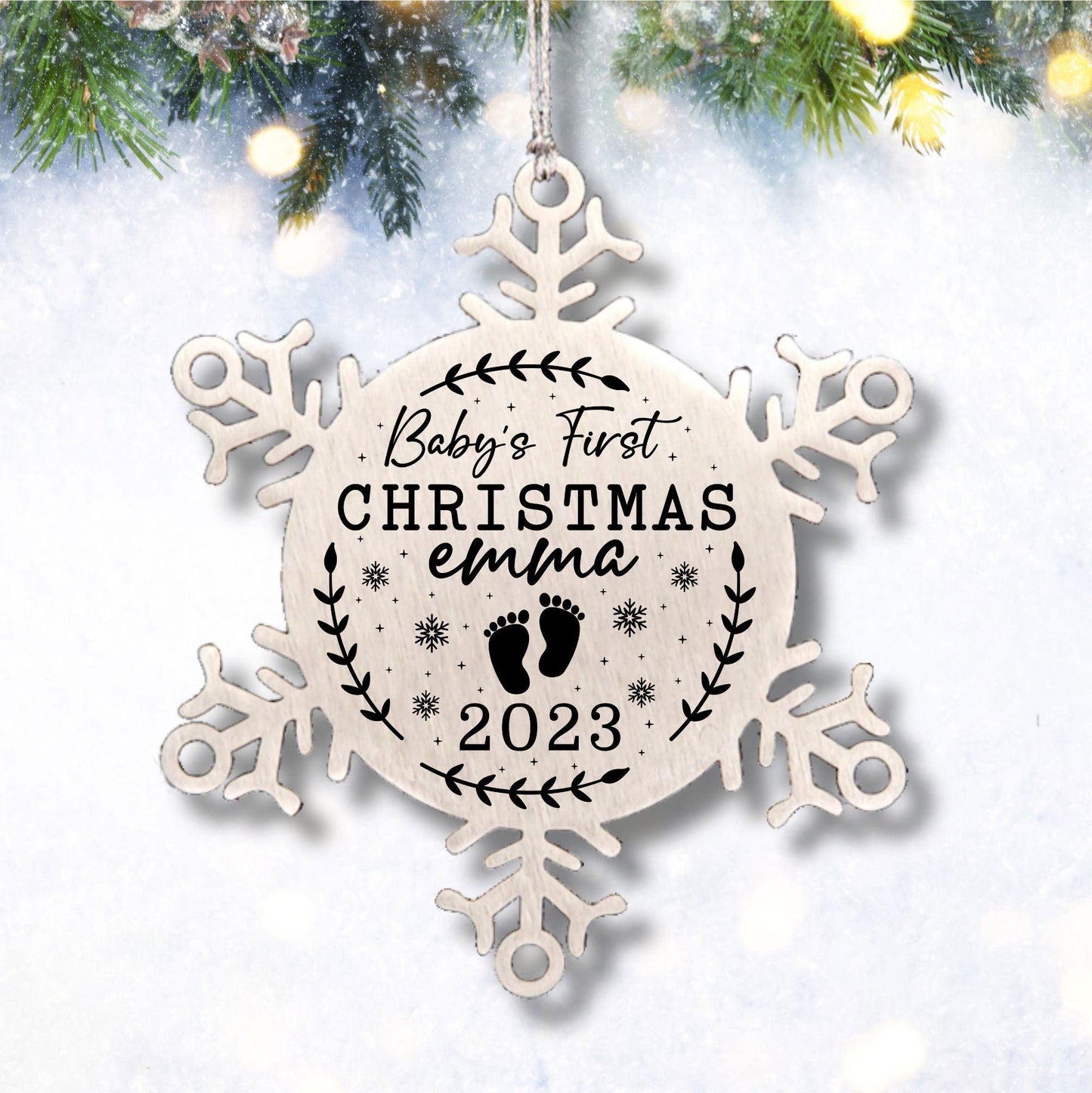 Baby's First Christmas Personalized Laser Engraved Stainless Steel Snowflake Christmas Tree Ornament - Mallard Moon Gift Shop