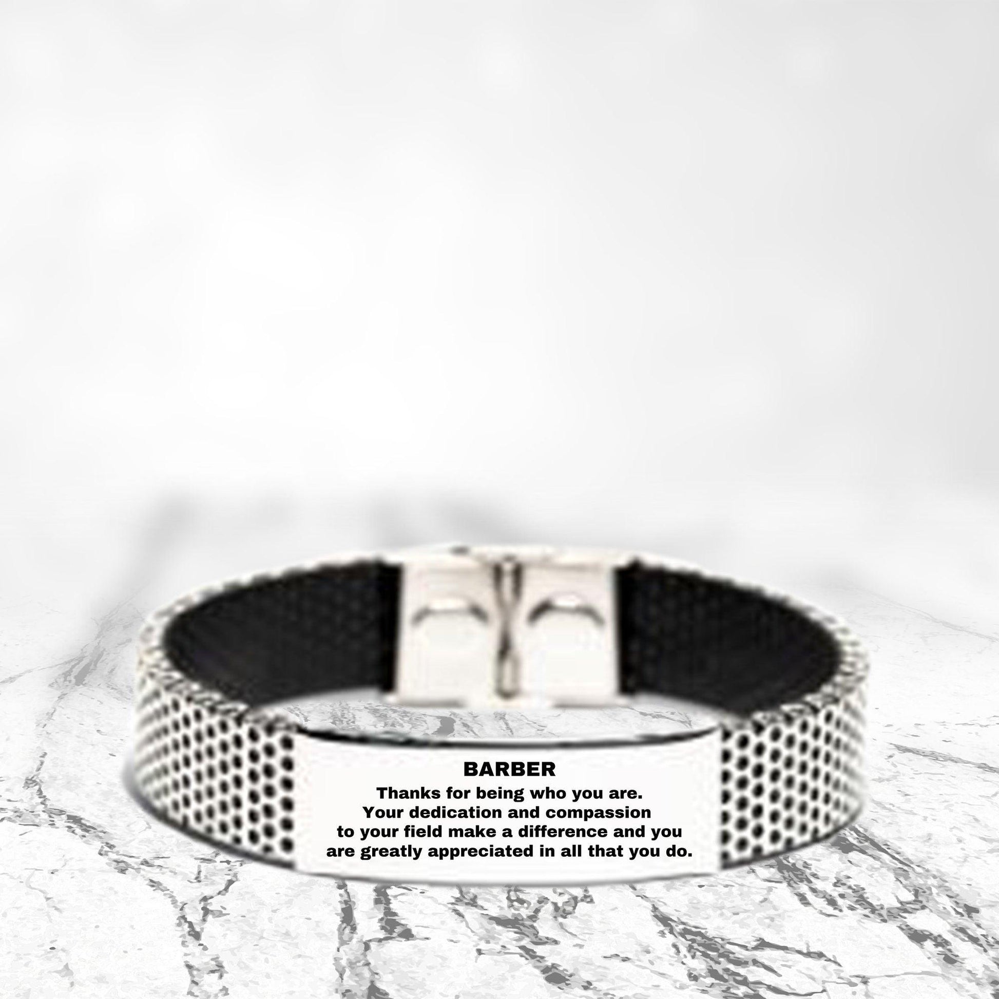 Barber Silver Shark Mesh Stainless Steel Engraved Bracelet - Thanks for being who you are - Birthday Christmas Jewelry Gifts Coworkers Colleague Boss - Mallard Moon Gift Shop