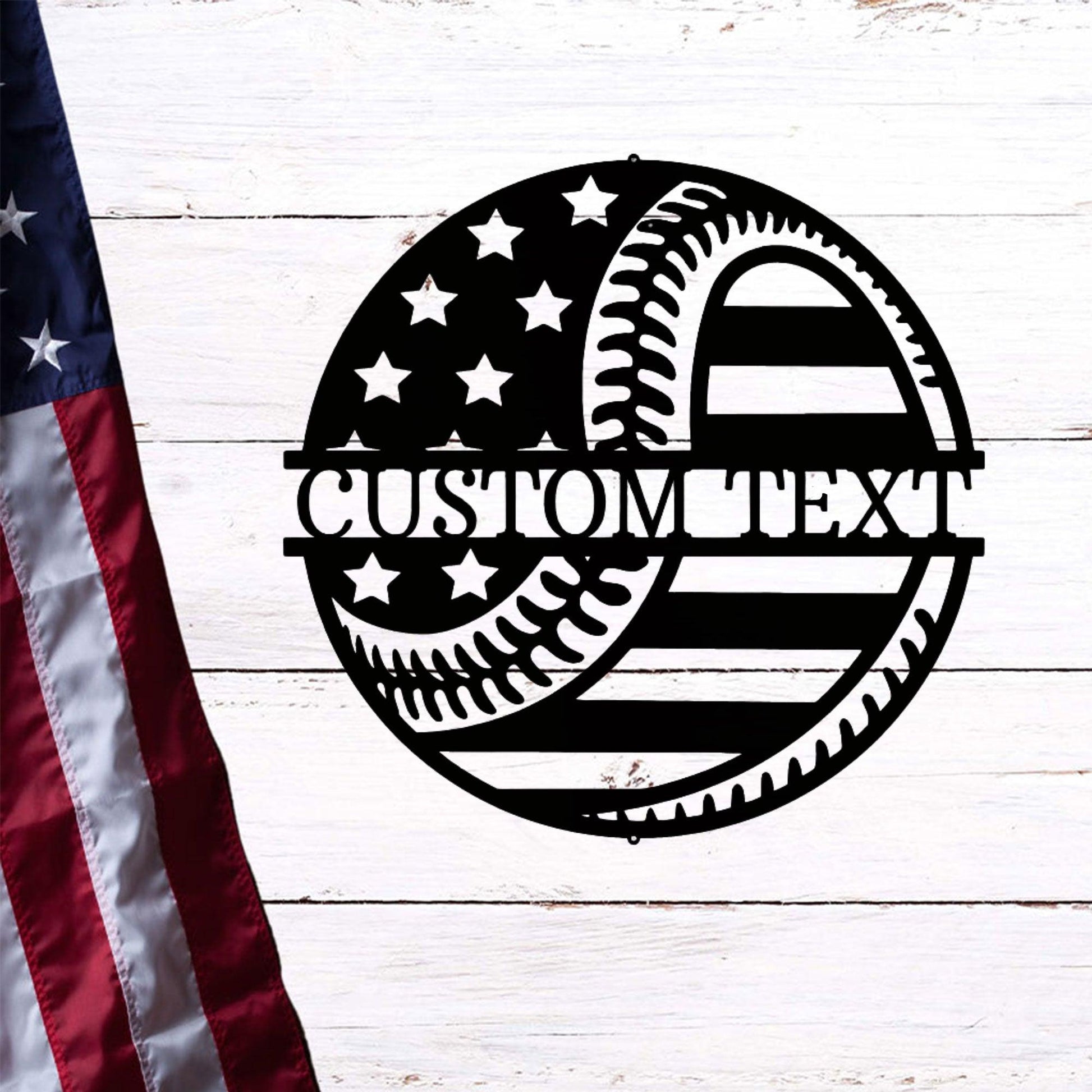 Baseball American Flag Custom Name Metal Art Wall Sign - Mallard Moon Gift Shop
