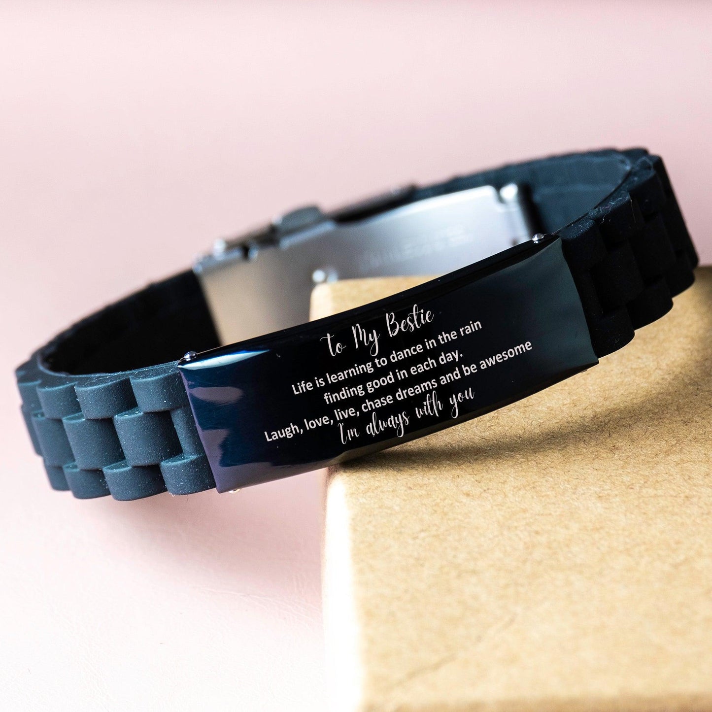 Bestie Black Glidelock Clasp Engraved Bracelet, Motivational Birthday Christmas Gifts - Life is learning to dance in the rain, finding good in each day. I'm always with you - Mallard Moon Gift Shop