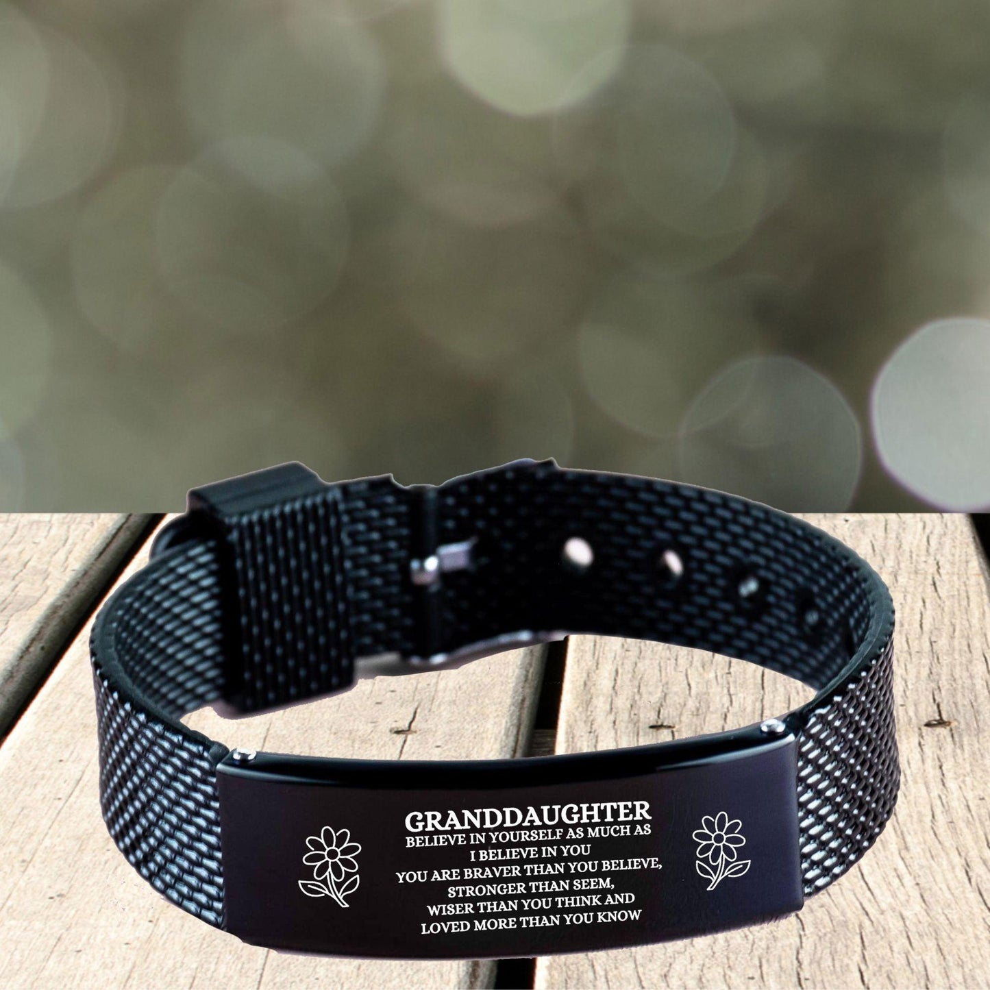 Granddaughter Engraved Black Shark Mesh Bracelet, Motivational Heartfelt Birthday, Christmas Holiday Gifts For Granddaughter, You are Braver than you Believe, Loved More than you Know - Mallard Moon Gift Shop