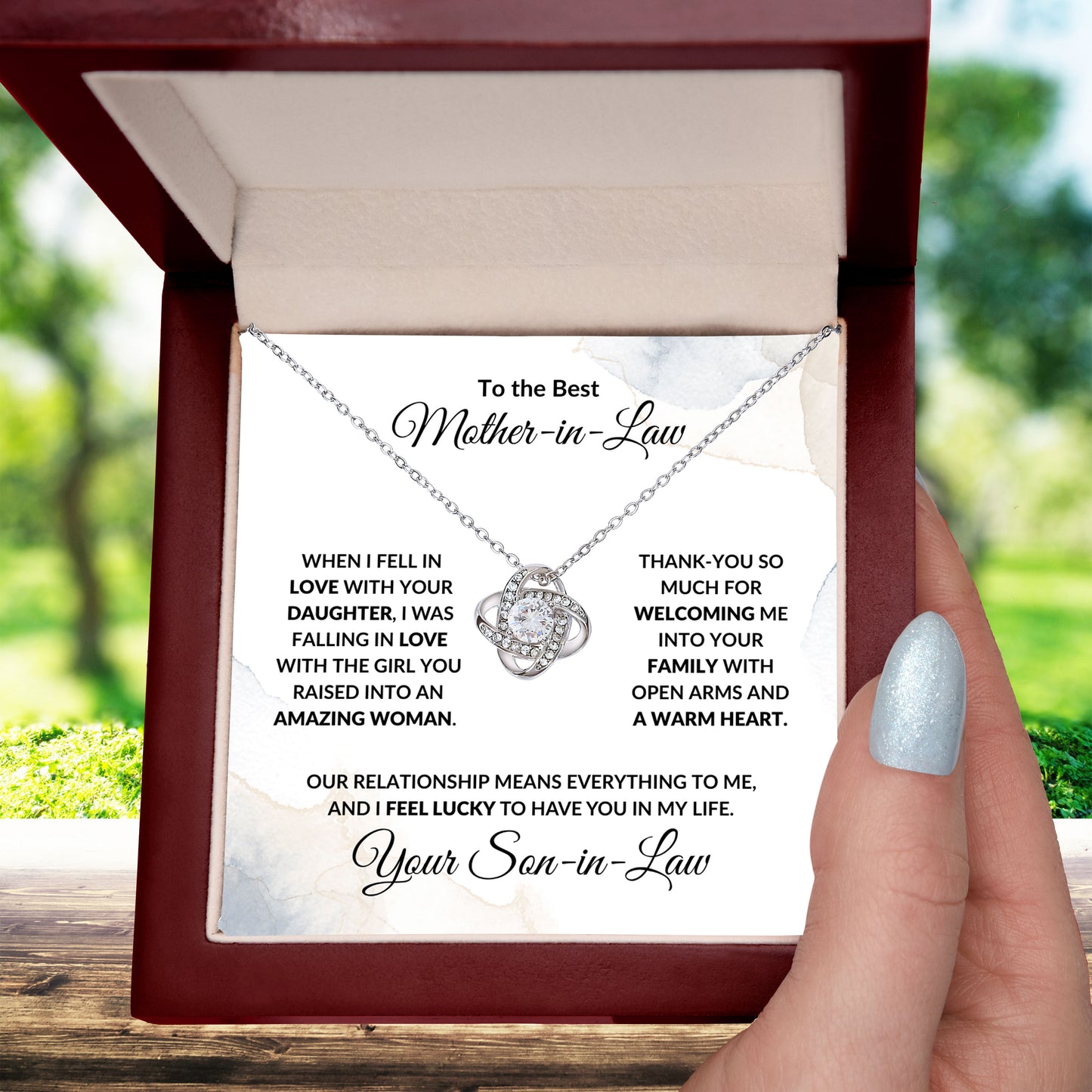 To the Best Mother-in-Law Love Knot Necklace Personalized From Son-in-Law