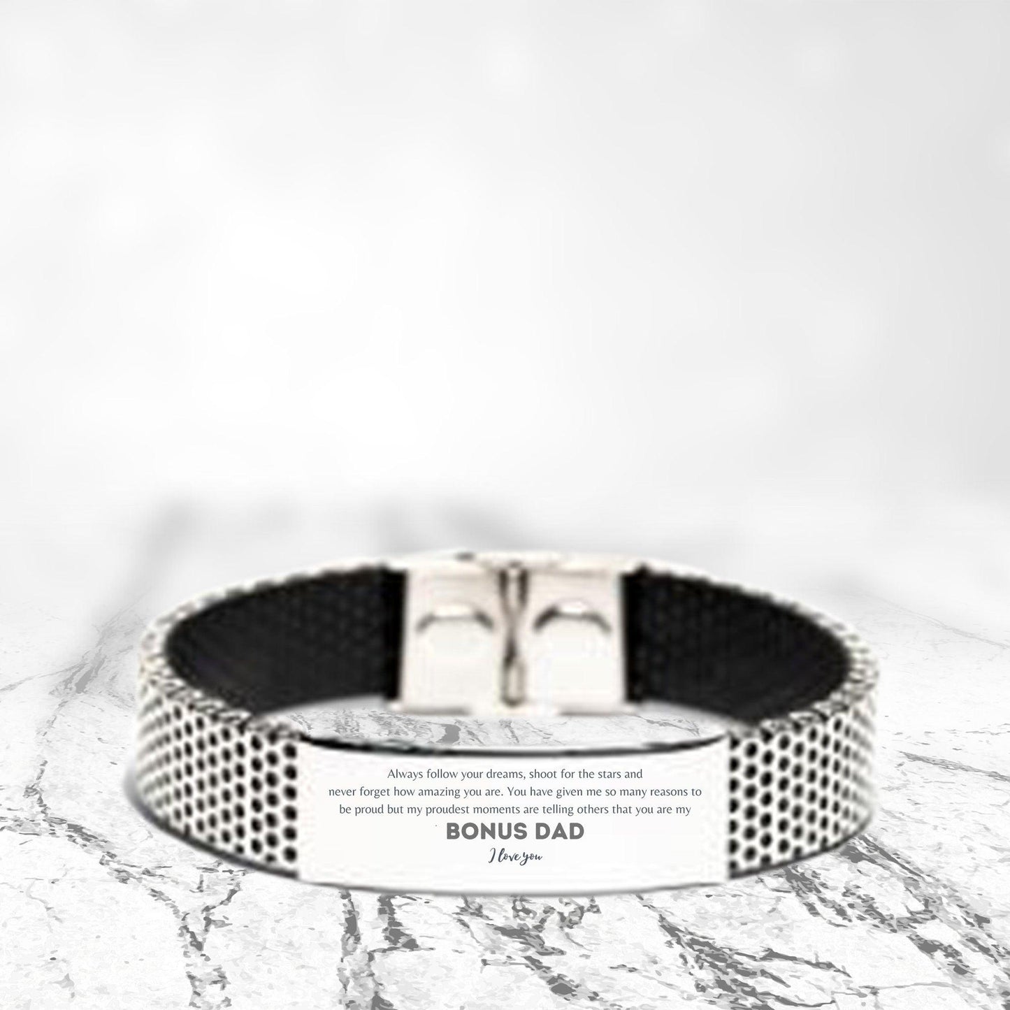 Bonus Dad Engraved Stainless Steel Mesh Bracelet - Always follow your dreams, never forget how amazing you are, Birthday Christmas Gifts Jewelry - Mallard Moon Gift Shop