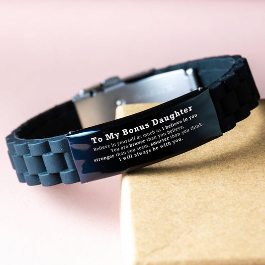 Bonus Daughter Black Glidelock Clasp Engraved Bracelet - You are braver than you believe, stronger than you seem, Inspirational Birthday, Christmas Gifts - Mallard Moon Gift Shop