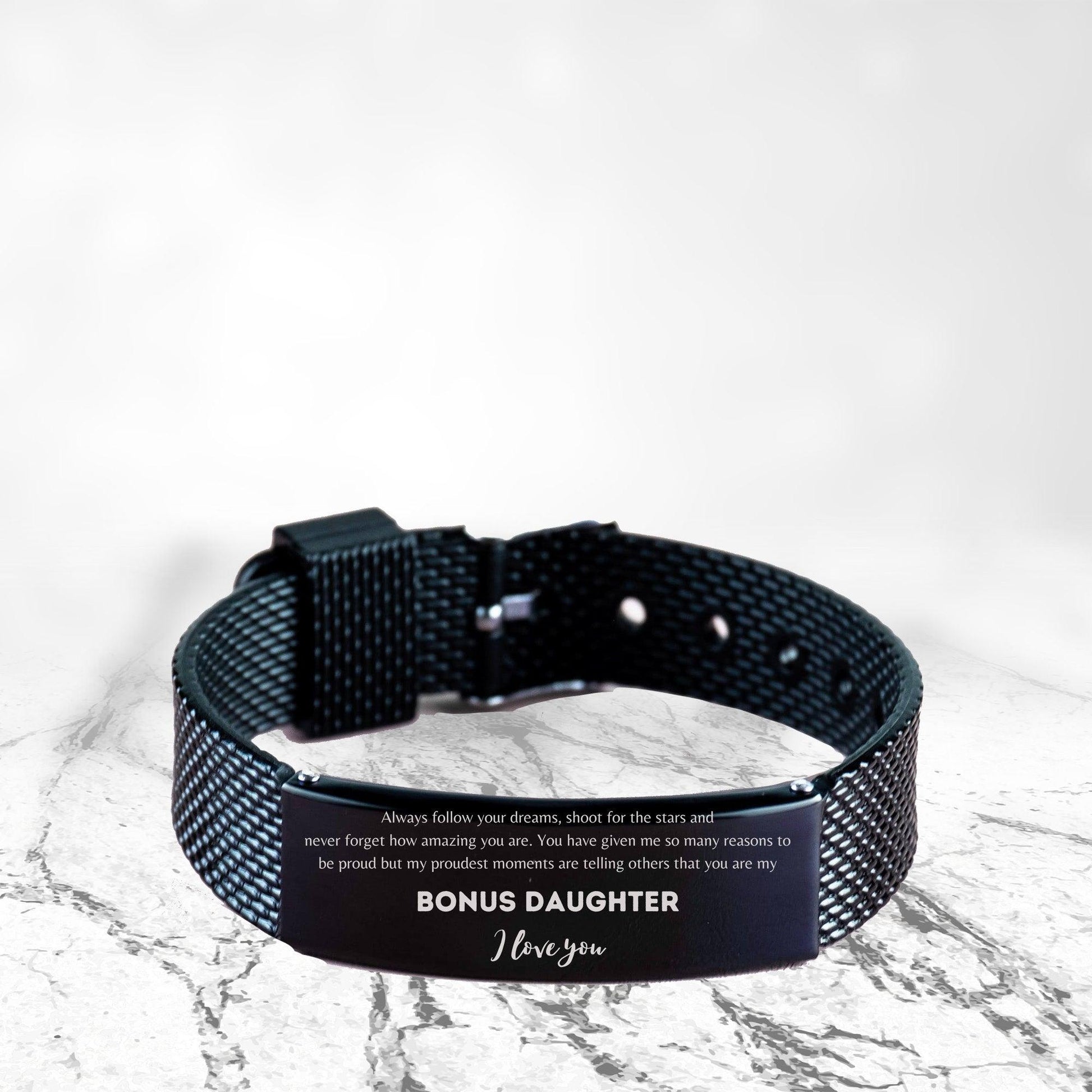 Bonus Daughter Black Shark Mesh Engraved Bracelet Always follow your dreams, never forget how amazing you are Birthday Christmas Gifts - Mallard Moon Gift Shop