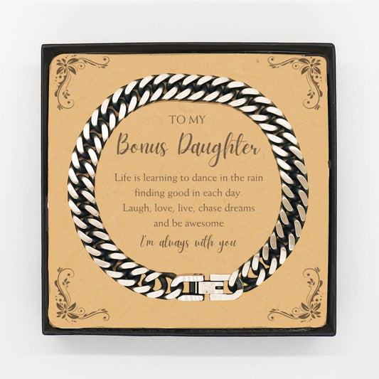 Bonus Daughter Cuban Link Chain Bracelet Motivational Message Card Birthday Christmas Graduation Gifts- Life is learning to dance in the rain, finding good in each day. I'm always with you - Mallard Moon Gift Shop
