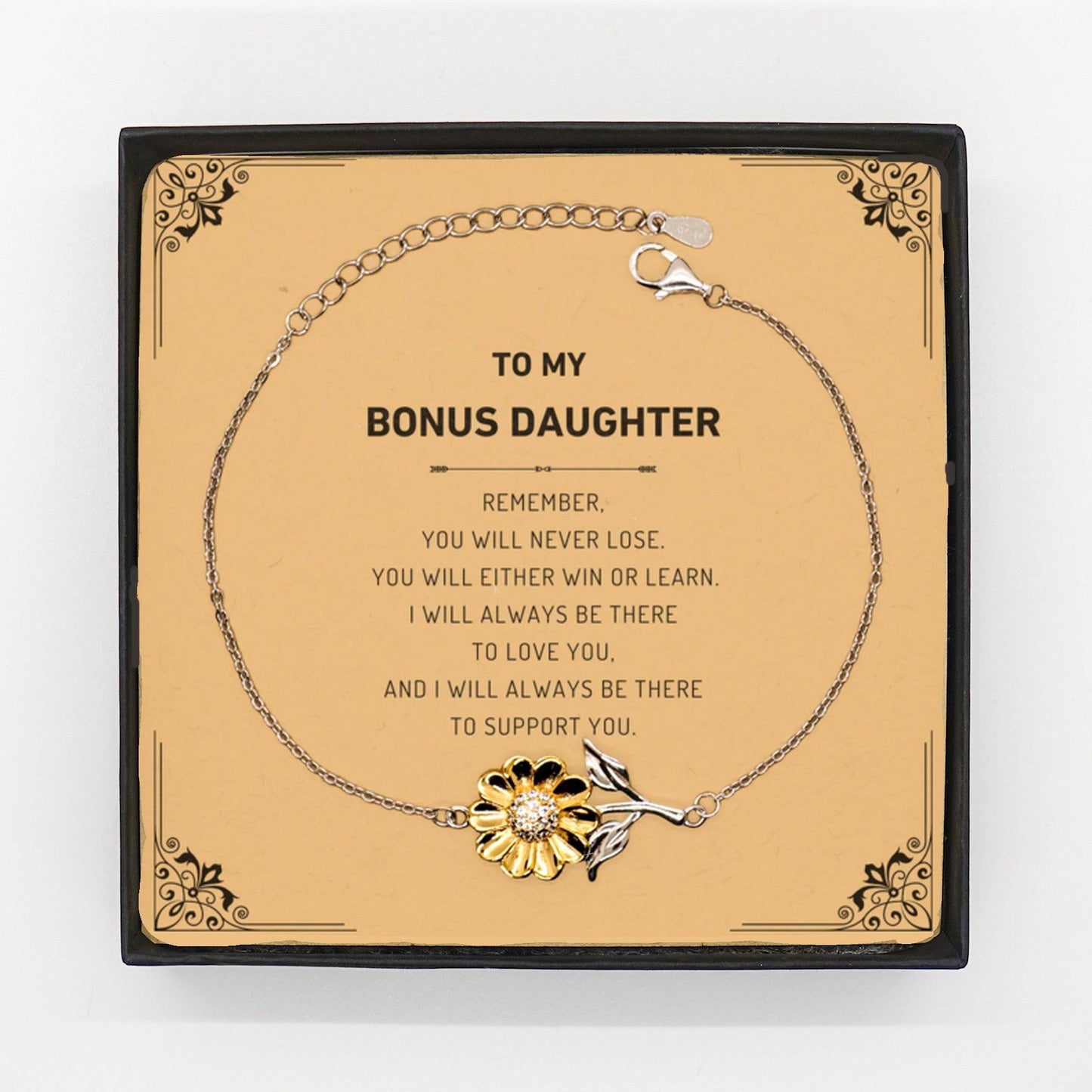 Bonus Daughter Gifts, To My Bonus Daughter Remember, you will never lose. You will either WIN or LEARN, Keepsake Sunflower Bracelet For Bonus Daughter Card, Birthday Christmas Gifts Ideas For Bonus Daughter X-mas Gifts - Mallard Moon Gift Shop