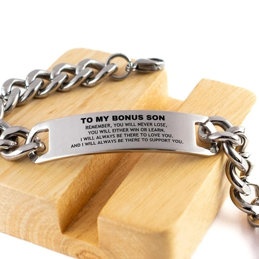 Bonus Son - Remember, you will never lose. You will either WIN or LEARN, Keepsake Cuban Chain Stainless Steel Engraved Bracelet Birthday, Christmas, Graduation Gifts - Mallard Moon Gift Shop