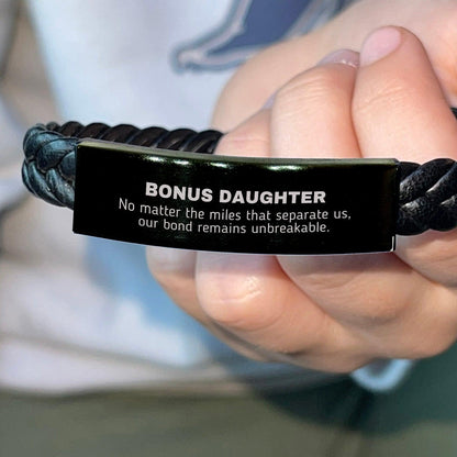 Bonus Daughter Long Distance Relationship Gifts, No matter the miles that separate us, Cute Love Braided Leather Bracelet For Bonus Daughter, Birthday Christmas Unique Gifts For Bonus Daughter - Mallard Moon Gift Shop