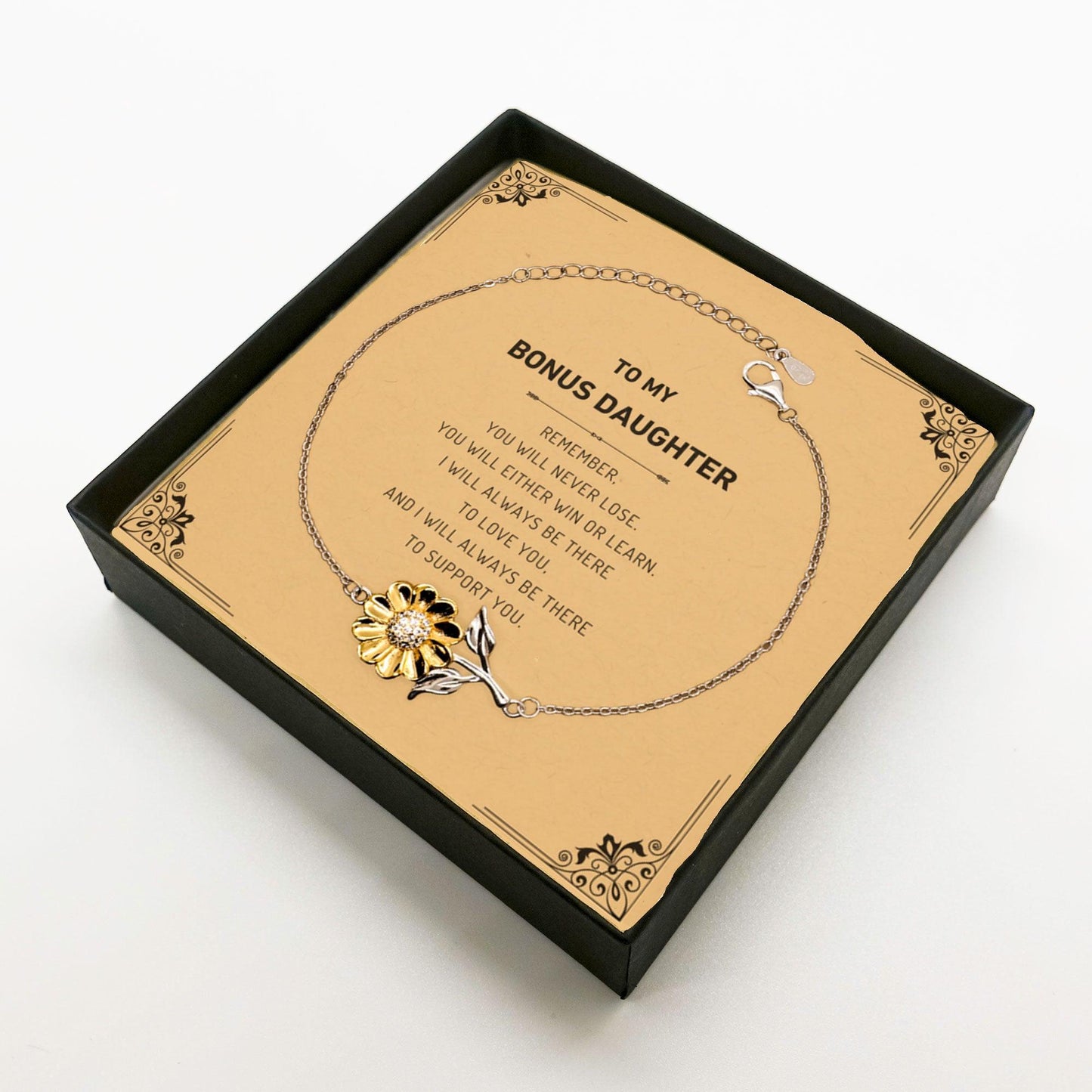 Bonus Daughter Gifts, To My Bonus Daughter Remember, you will never lose. You will either WIN or LEARN, Keepsake Sunflower Bracelet For Bonus Daughter Card, Birthday Christmas Gifts Ideas For Bonus Daughter X-mas Gifts - Mallard Moon Gift Shop