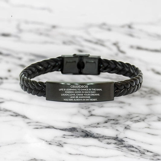 Grandson Braided Leather Engraved Bracelet, Motivational Heartfelt Birthday, Christmas Holiday Gifts For Grandson, Life is Learning to Dance in the Rain, You are Always in My Heart - Mallard Moon Gift Shop