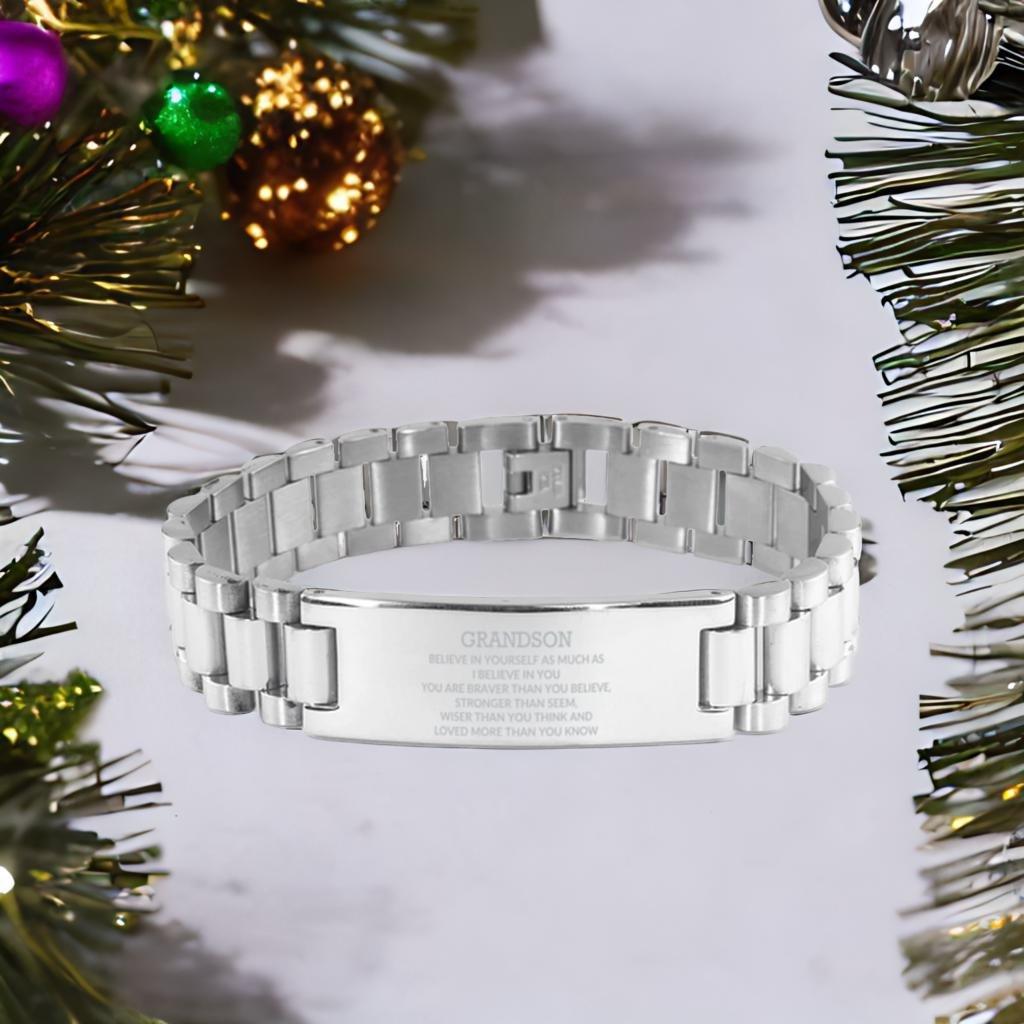 Grandson Engraved Ladder Stainless Steel Bracelet, Motivational Heartfelt Birthday, Christmas Holiday Gifts For Grandson, You are Braver than you Believe, Loved More than you Know - Mallard Moon Gift Shop