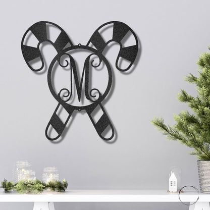 Candy Cane Custom Family Name Initial Indoor Outdoor Holiday Steel Sign - Mallard Moon Gift Shop