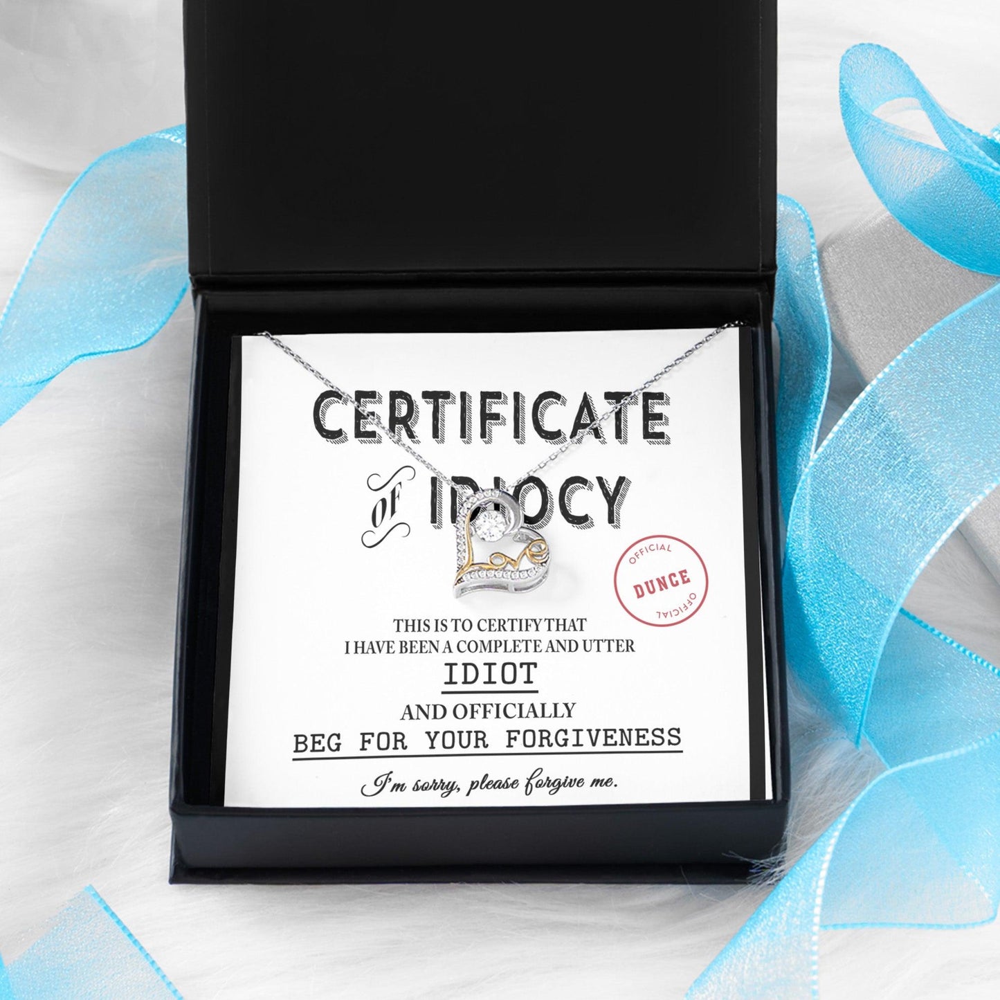 Apology Gift for Girlfriend, Wife, Soulmate - Sorry, Certificate Of Idiocy - Love Dancing Heart Pendant Necklace