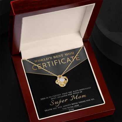 Certificate of World's Best Super Mom Love Knot Necklace - Mallard Moon Gift Shop