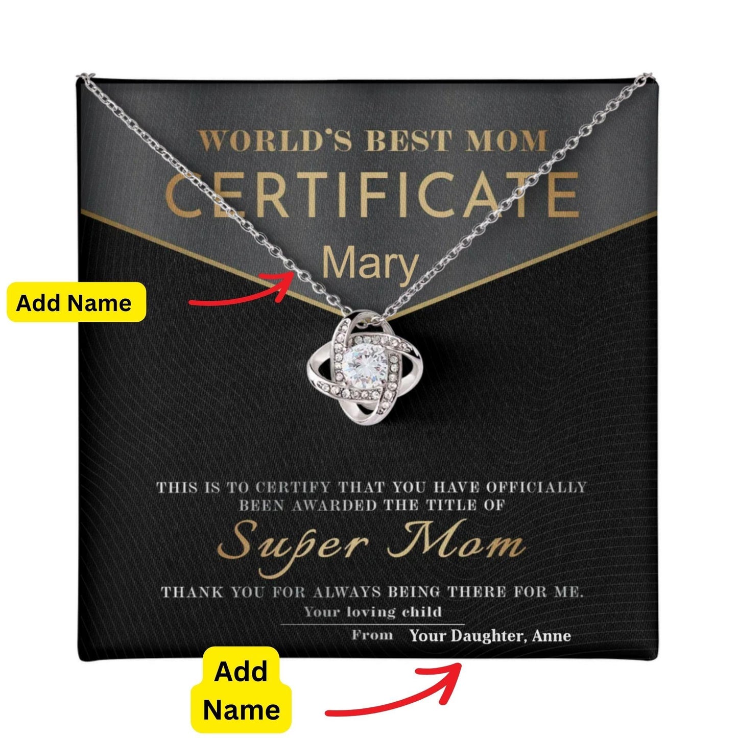 Certificate of World's Best Super Mom Love Knot Necklace