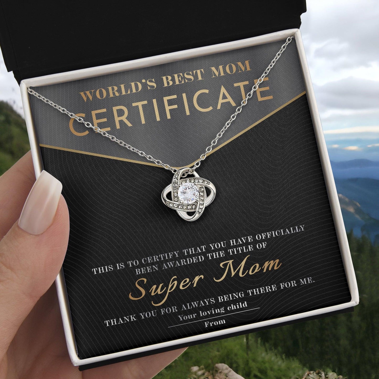 Certificate of World's Best Super Mom Love Knot Necklace