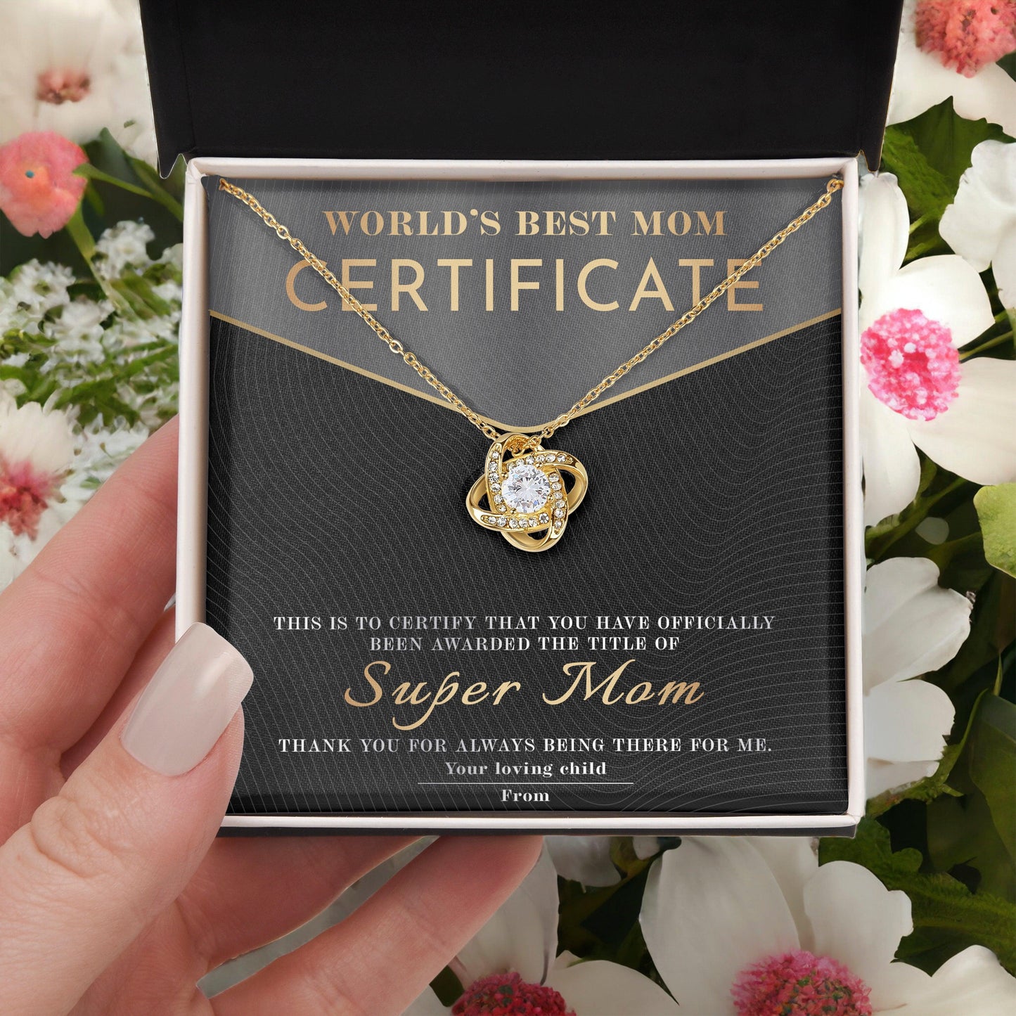 Certificate of World's Best Super Mom Love Knot Necklace