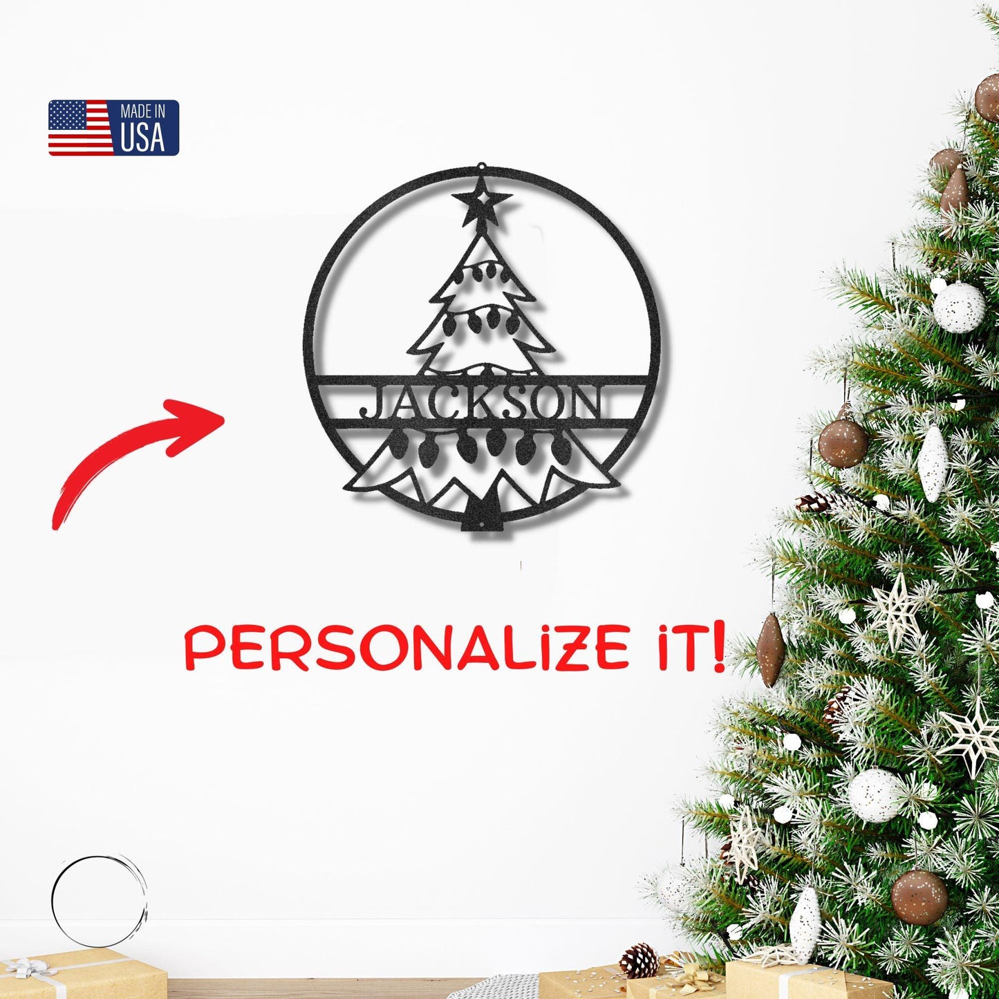 Christmas Tree Custom Family Name Indoor Outdoor Steel Wall Sign Holiday Décor - Mallard Moon Gift Shop