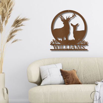 Deer Stag and Doe Mr and Mrs Custom Name Metal Art Wall Sign