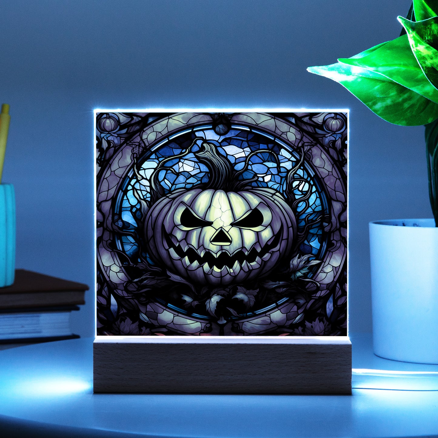 Halloween Pumpkin Stained-Glass Acrylic Square Plaque with LED Wooden Base