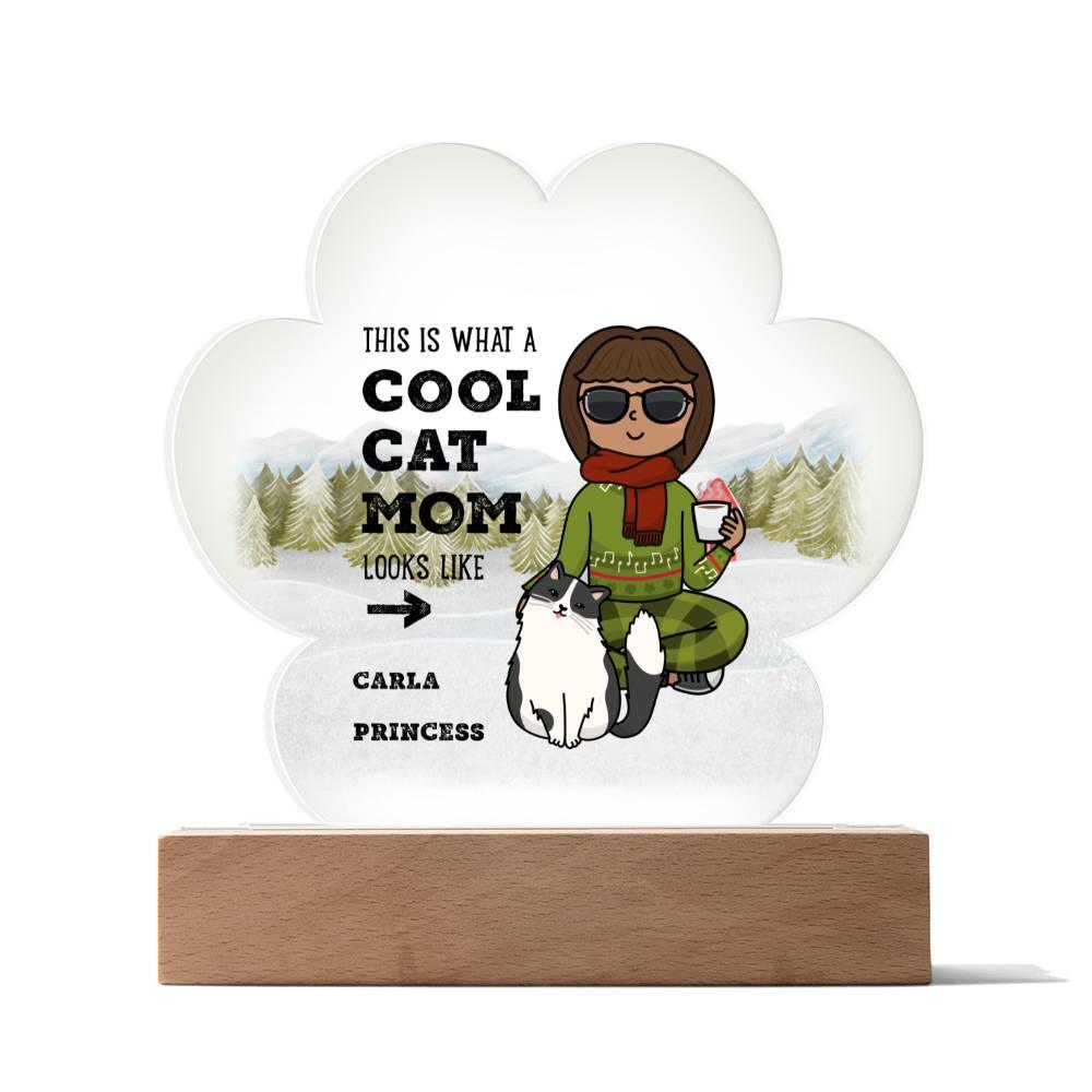 Custom Cool Cat Mom and Feline Friend Paw-shaped Acrylic Plaque - Mallard Moon Gift Shop
