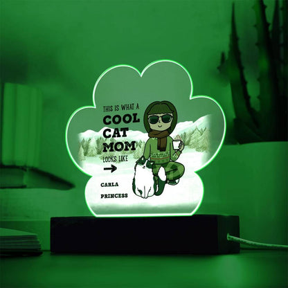 Custom Cool Cat Mom and Feline Friend Paw-shaped Acrylic Plaque - Mallard Moon Gift Shop