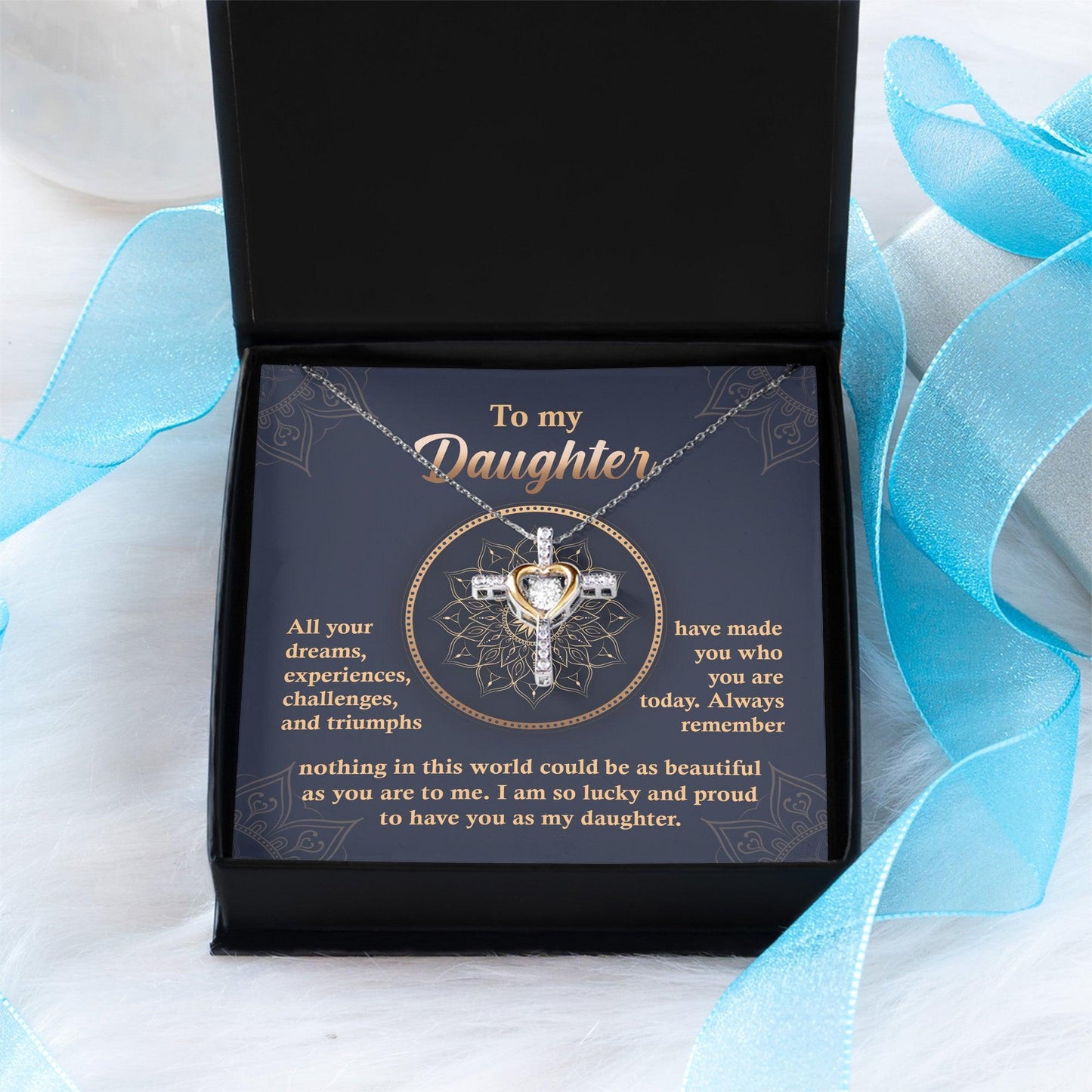 Daughter, Proud of You Cross Pendant Necklace Birthday Wedding Graduation Gift