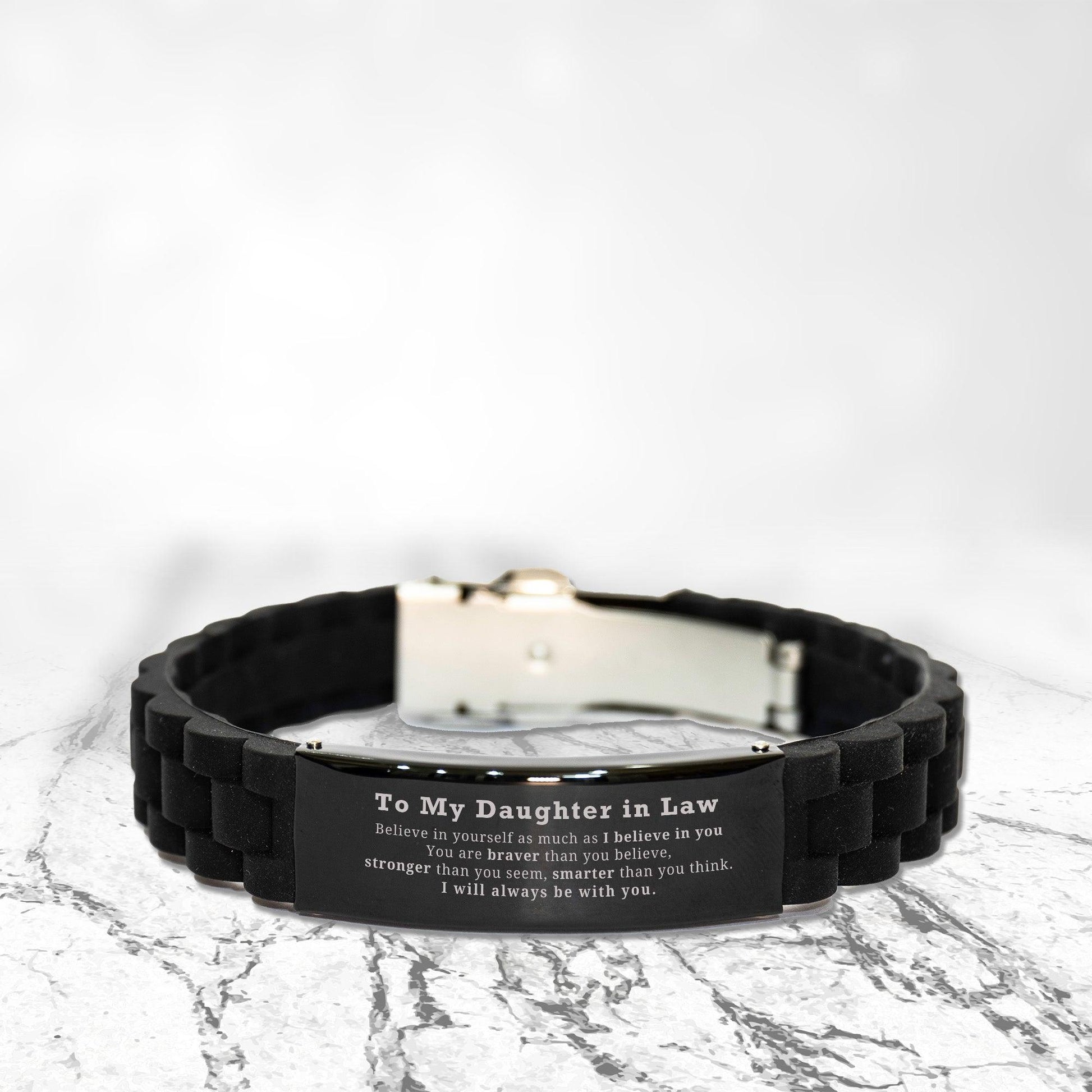 Daughter In Law Black Glidelock Clasp Engraved Bracelet - You are braver than you believe, stronger than you seem, Inspirational Birthday, Christmas Gifts - Mallard Moon Gift Shop