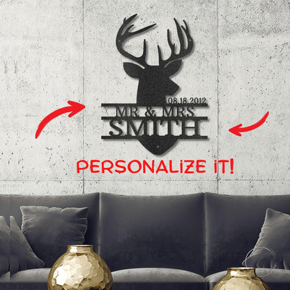 Deer Head Monogram Name Personalized Metal Art Wall Sign Wedding Anniversary - Mallard Moon Gift Shop