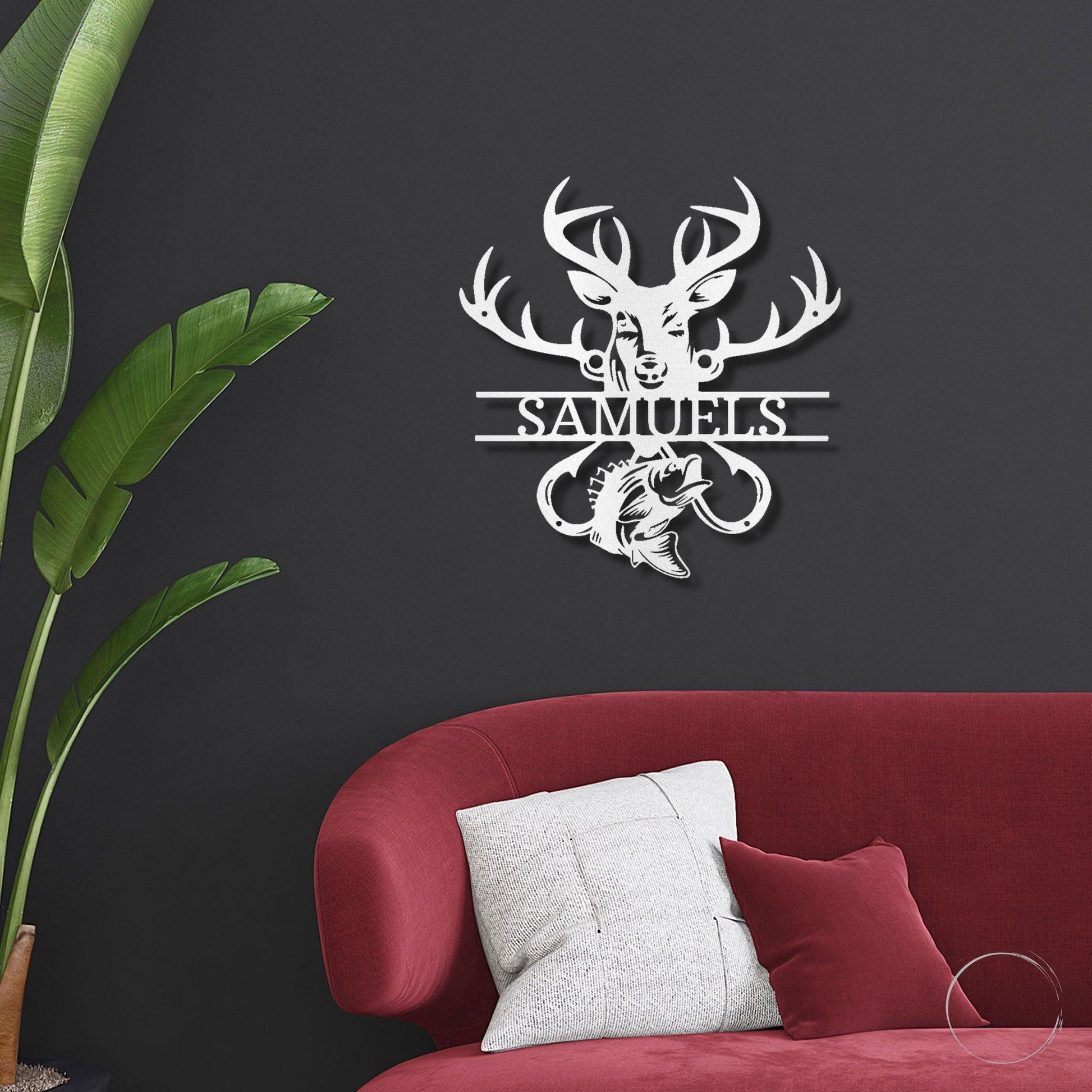 Deer Hunter Fisherman Personalized Name Metal Art Wall Sign - Mallard Moon Gift Shop
