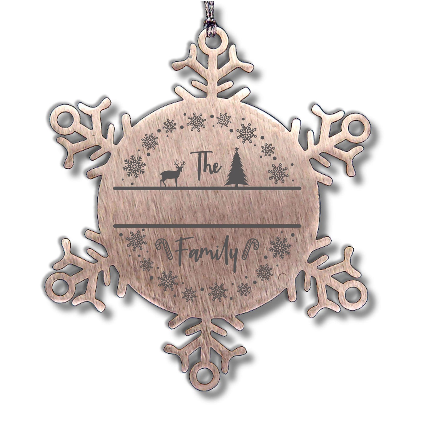 Personalized Family Name Deer in Woods Laser Engraved Stainless Steel Snowflake Christmas Tree Ornament