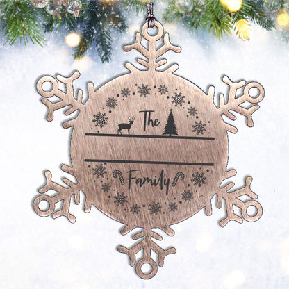 Personalized Family Name Deer in Woods Laser Engraved Stainless Steel Snowflake Christmas Tree Ornament