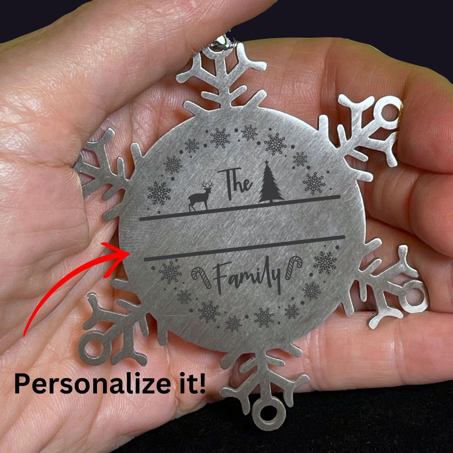 Personalized Family Name Deer in Woods Laser Engraved Stainless Steel Snowflake Christmas Tree Ornament