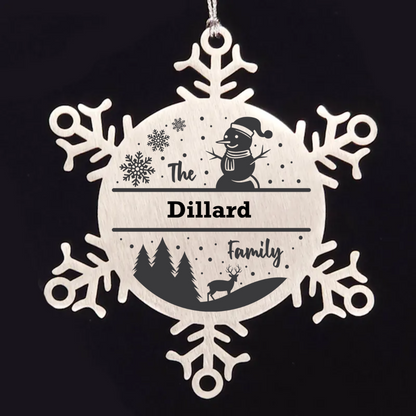 Personalized Snowman Snowflake Christmas Tree Ornament Family Name Laser Engraved Stainless Steel