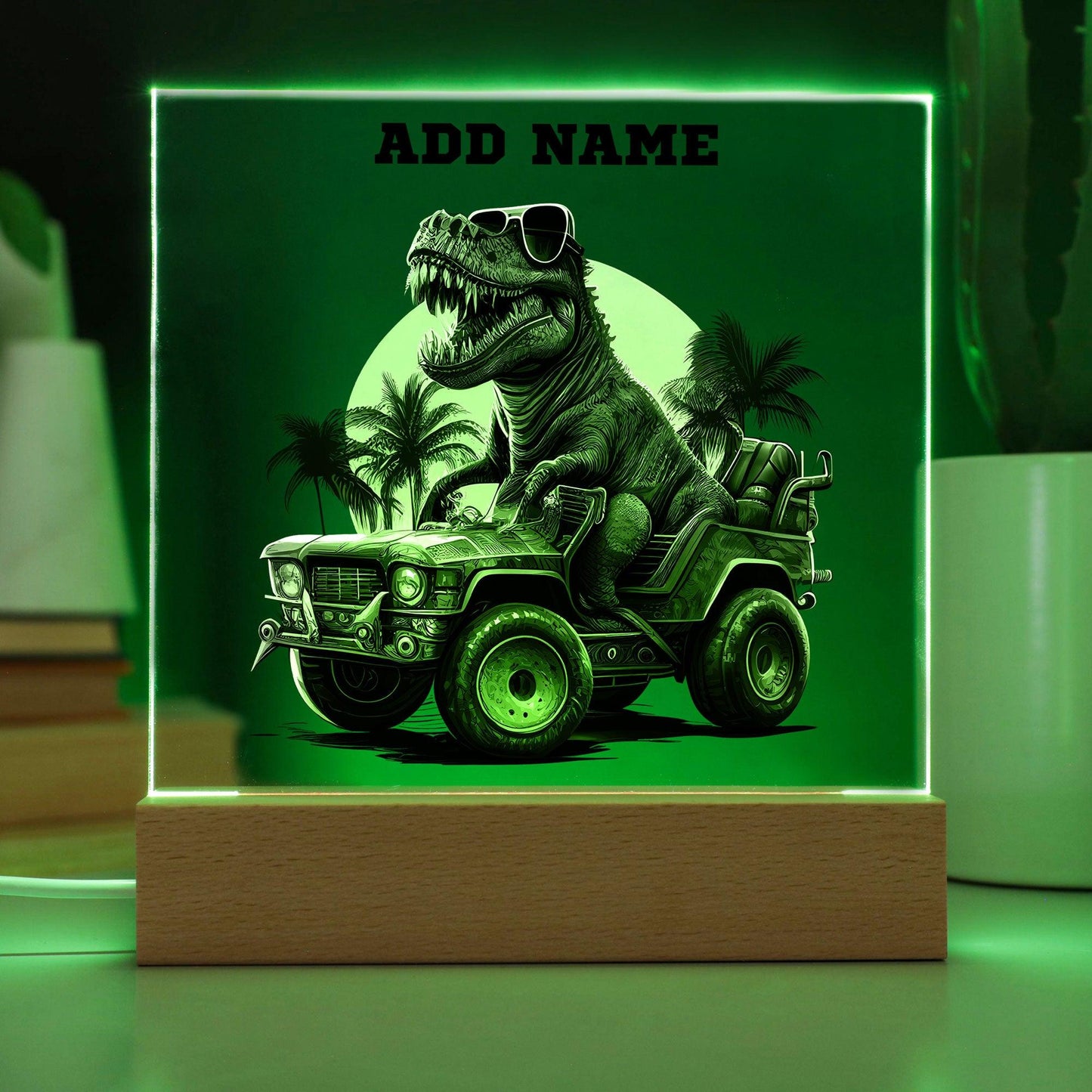 Dinosaur Monster Truck Personalized Acrylic Plaque Nightlight - Mallard Moon Gift Shop