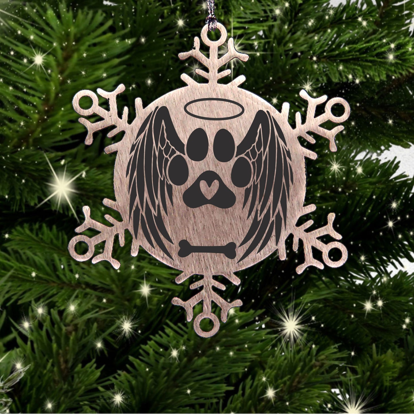 Personalized Pet Name Angel Remembrance Laser Engraved Stainless Steel Snowflake Tree Ornament