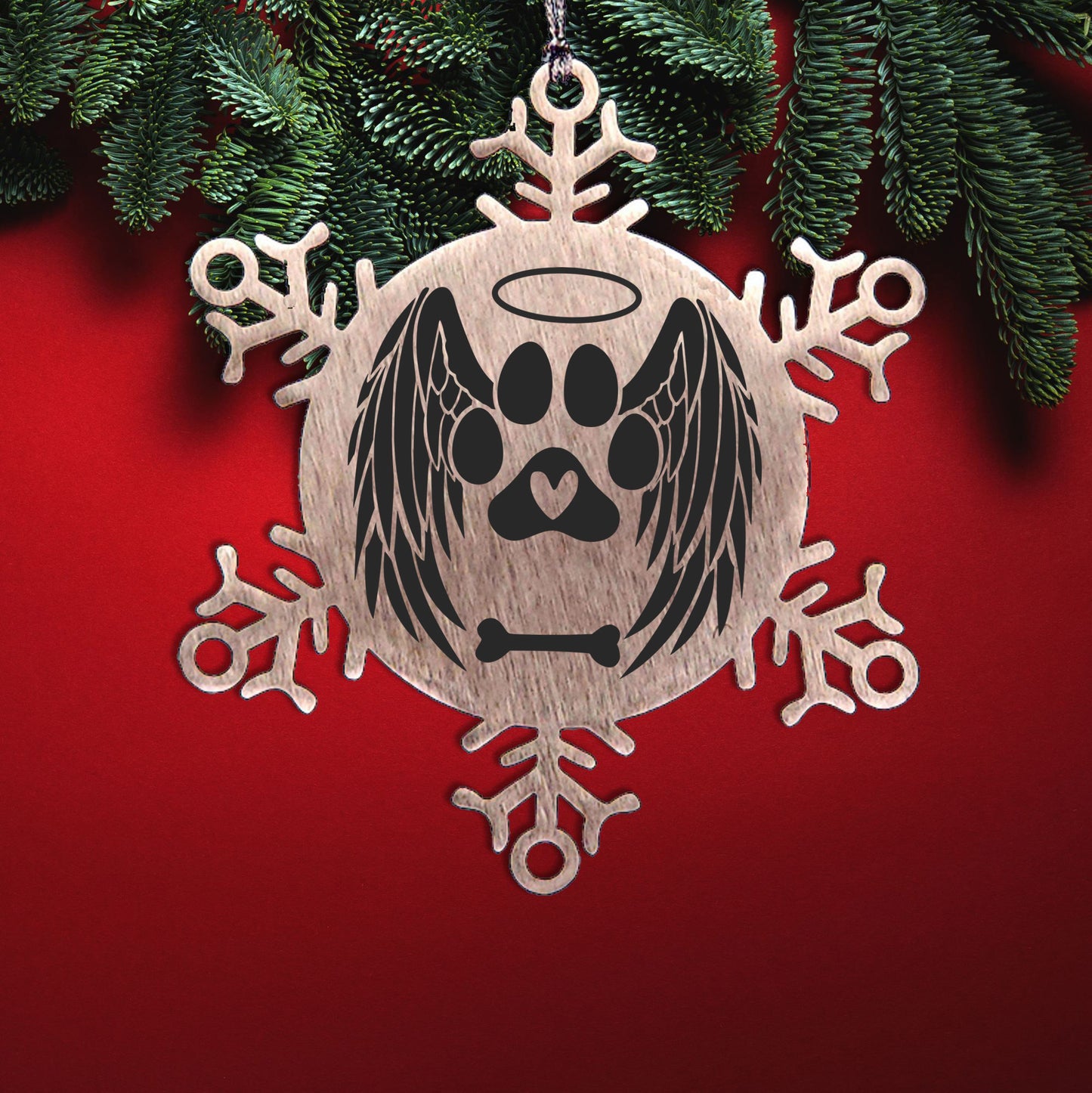 Personalized Pet Name Angel Remembrance Laser Engraved Stainless Steel Snowflake Tree Ornament